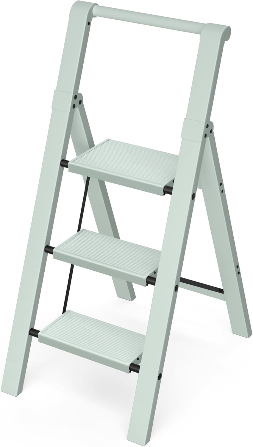 Taranta 3 Step Ladder, Lightweight Aluminum Step Stool with Convenient Handgrip, Folding Ladder with Anti-Slip Pedals, 330lbs Capacity Stepladder for Home, Office, Kitchen - White