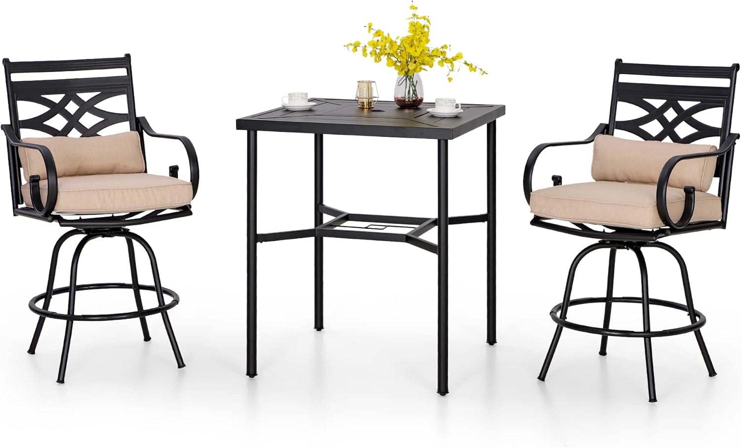 PHI VILLA Outdoor Swivel Bar Stools Set of 4，Patio Counter Height Bar Chairs with Back and Armrest，Metal,Black