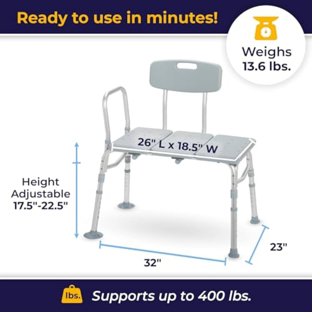 Drive Medical 12011KD-1 Tub Transfer Bench For Bathtub, Height Adjustable Shower Bench with Backrest, Shower Shower Chair Bath Seat for Elderly, Seniors, Arm Support for Transfer, 400 Weight Cap
