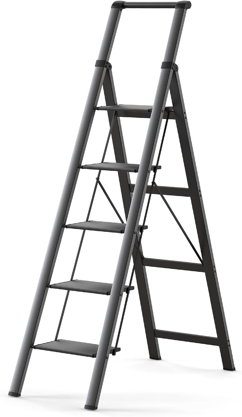 3 Step Ladder, Folding Step Stool with Anti-Slip Wide Sturdy Pedal, Multi-Use for Home and Kitchen Use, Space Saving-Woodgrain(300 lbs Capacity)