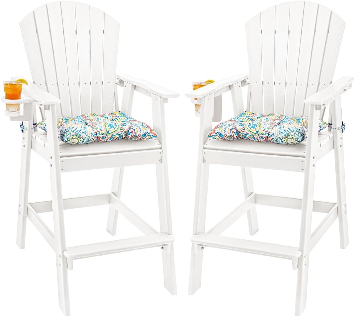 Sundale Outdoor Adirondack Bar Stool, Patio HDPE Bar Chair with Backrest, 30 Inch Seat Height Tall Bistro Dining Counter Stool with Cushion, All-Weather Pub Height Chair, Gray