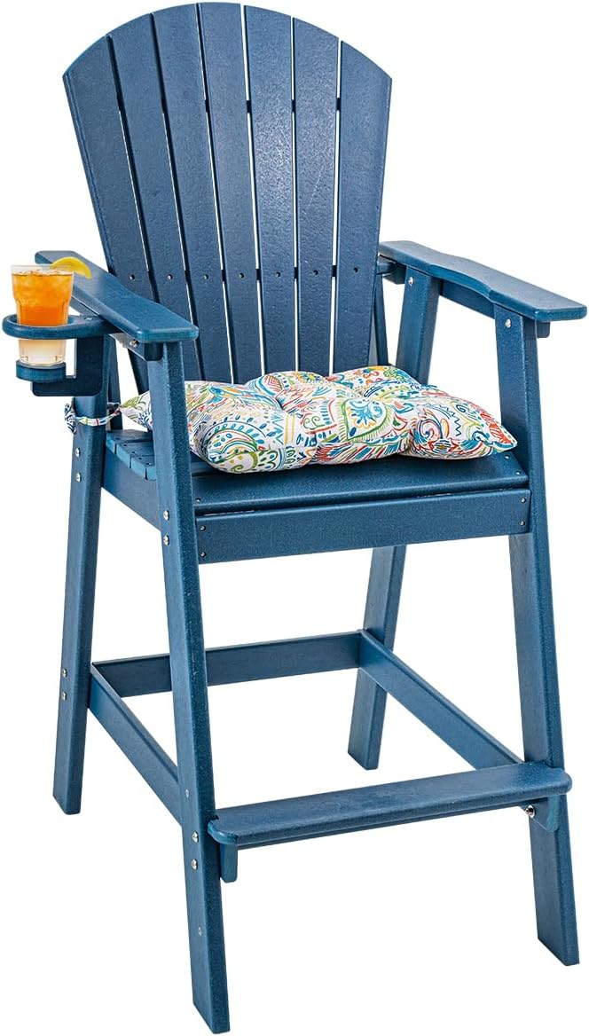 Sundale Outdoor Adirondack Bar Stool, Patio HDPE Bar Chair with Backrest, 30 Inch Seat Height Tall Bistro Dining Counter Stool with Cushion, All-Weather Pub Height Chair, Gray