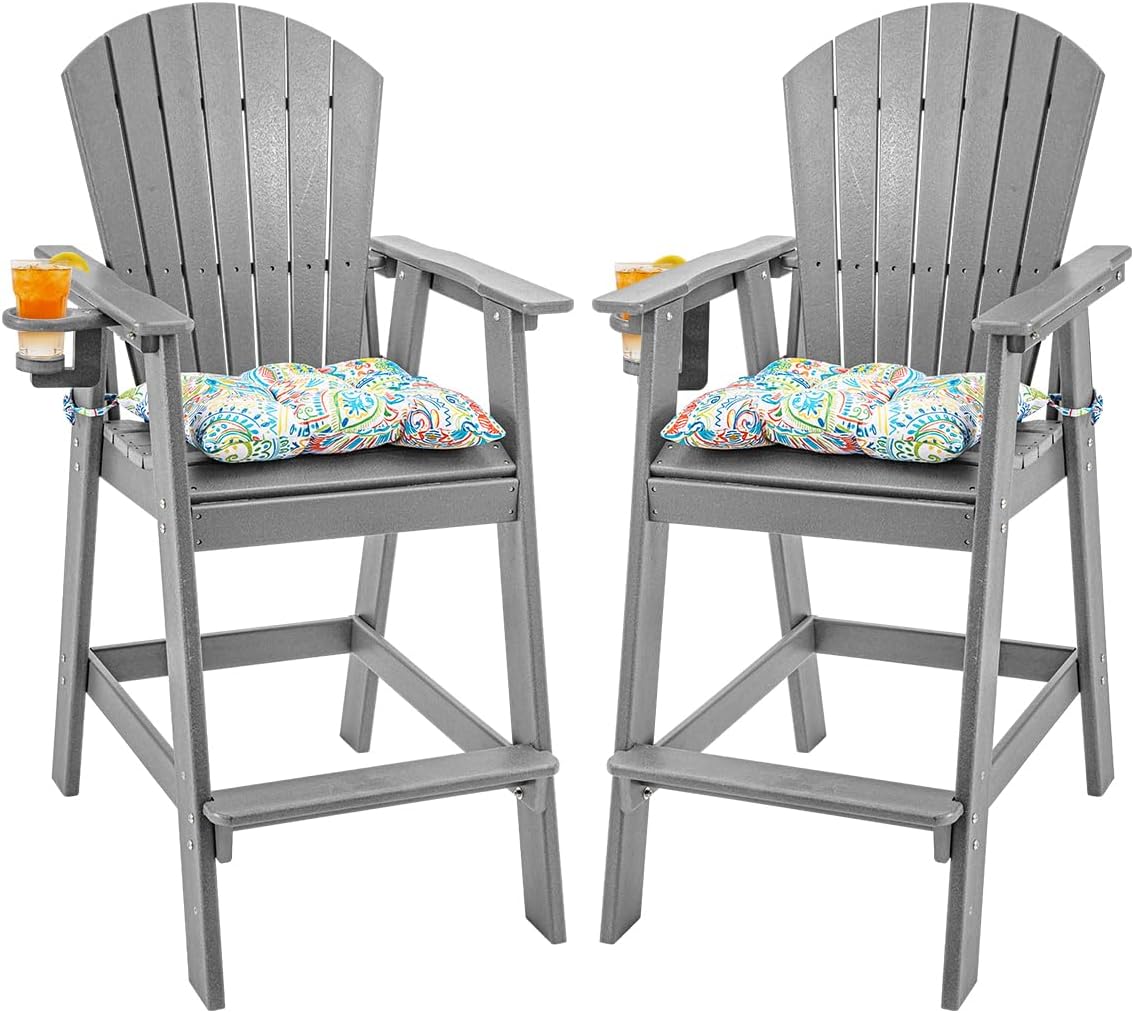 Sundale Outdoor Adirondack Bar Stool, Patio HDPE Bar Chair with Backrest, 30 Inch Seat Height Tall Bistro Dining Counter Stool with Cushion, All-Weather Pub Height Chair, Gray