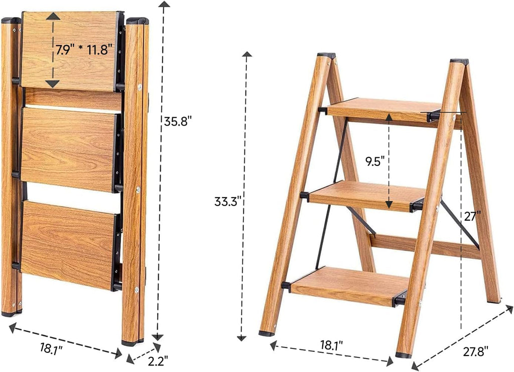 3 Step Ladder, Folding Step Stool with Anti-Slip Wide Sturdy Pedal, Multi-Use for Home and Kitchen Use, Space Saving-Woodgrain(300 lbs Capacity)