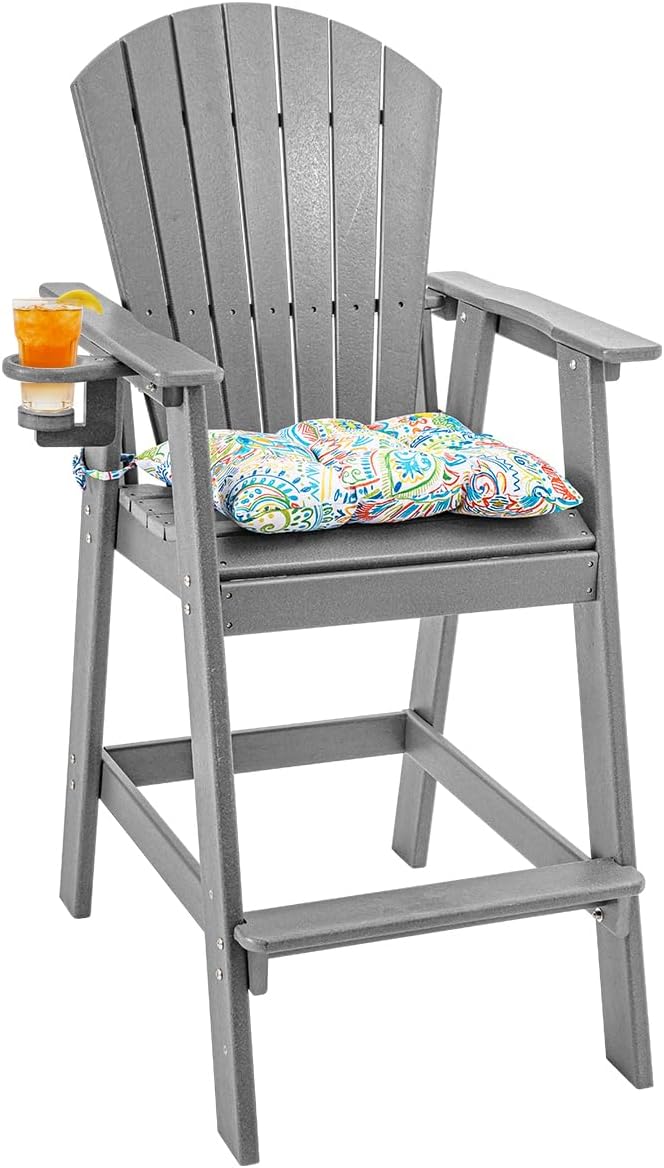 Sundale Outdoor Adirondack Bar Stool, Patio HDPE Bar Chair with Backrest, 30 Inch Seat Height Tall Bistro Dining Counter Stool with Cushion, All-Weather Pub Height Chair, Gray