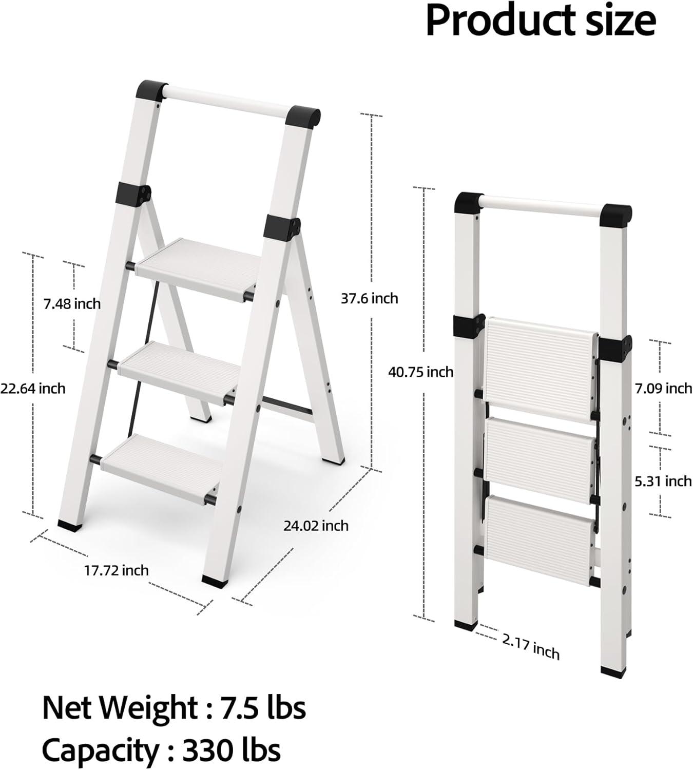 Taranta 3 Step Ladder, Lightweight Aluminum Step Stool with Convenient Handgrip, Folding Ladder with Anti-Slip Pedals, 330lbs Capacity Stepladder for Home, Office, Kitchen - White