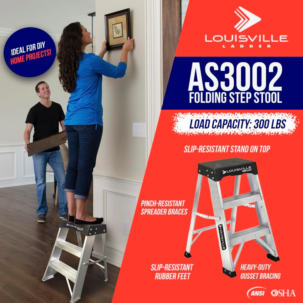 Louisville Ladder 2-Foot Aluminum Step Stool Industrial, 300-Pound Load Capacity, Type IA, AS3002