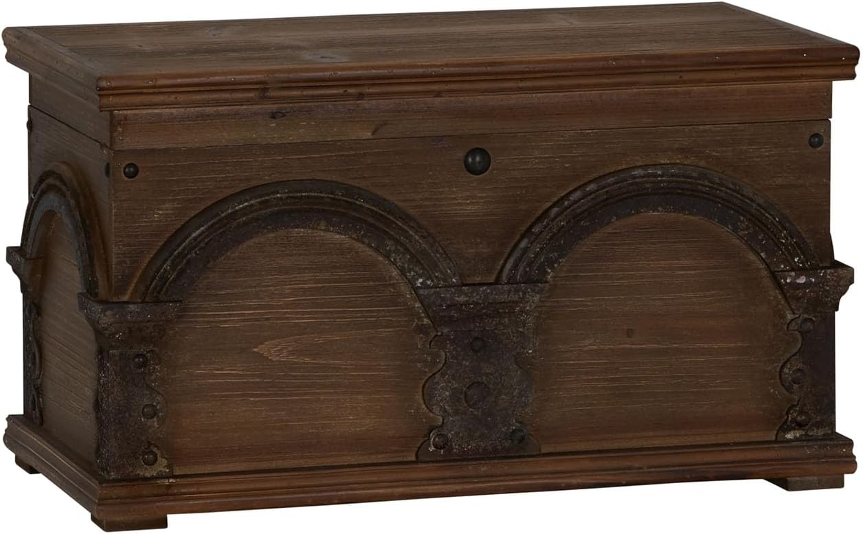 Household Essentials Antiqued Decorative Trunk, Large, Chinese Fir Panel and MDF, Smooth Backing and Metal Hinge Accent, Flat Top and Stay-Open Lid