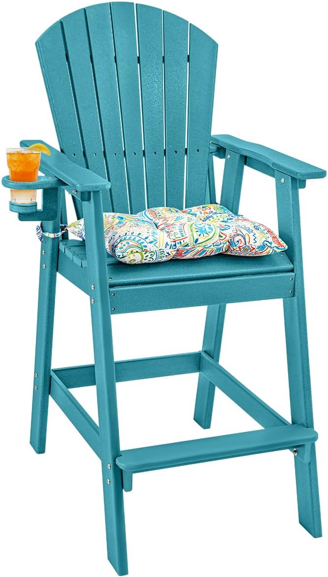 Sundale Outdoor Adirondack Bar Stool, Patio HDPE Bar Chair with Backrest, 30 Inch Seat Height Tall Bistro Dining Counter Stool with Cushion, All-Weather Pub Height Chair, Gray