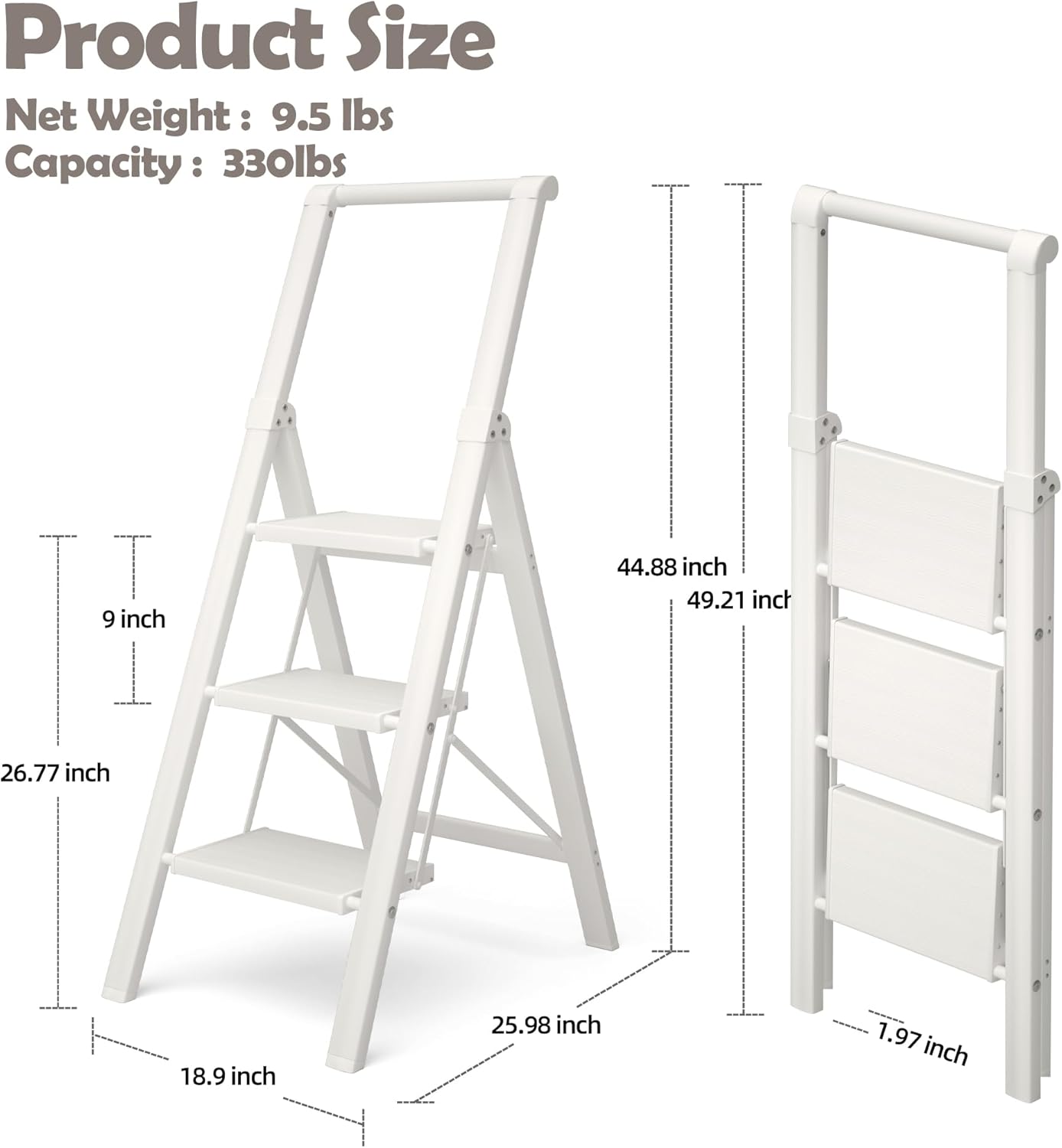 HillhutApex 3 Step Foldable Aluminum Step Ladder with Handgrip, Anti-Slip Pedal, 330 lbs Capacity, Lightweight & Portable for Home, Kitchen, Office, Garage (White)