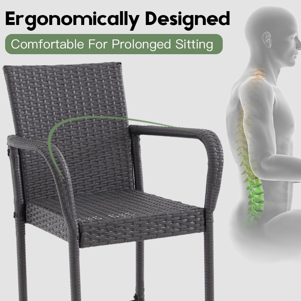 Outdoor Bar Stools Set of 2, Patio Bar Stools with Armrests, All Weather Wicker Rattan Bar Chairs with Backrest for Backyard, Garden, Pool, Balcony and Deck, Dark Grey