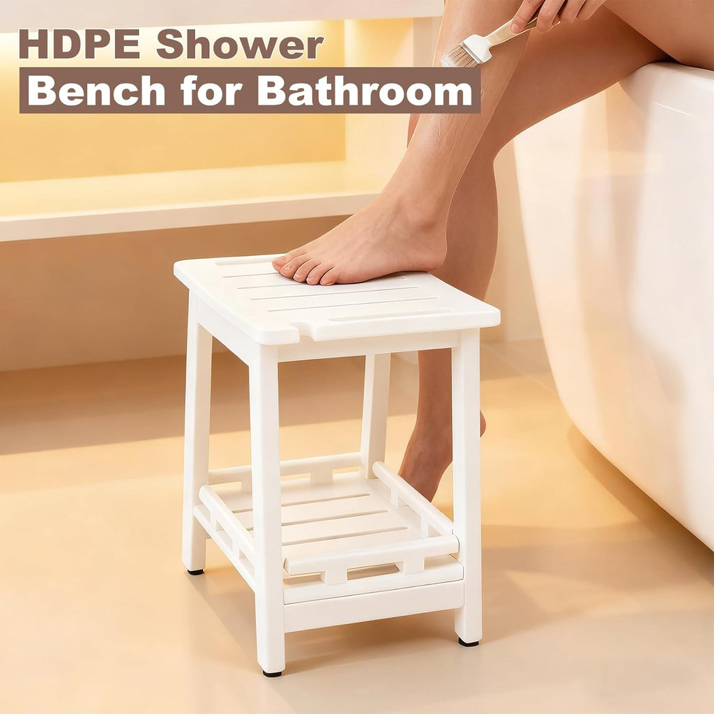 HDPE Shower Bench Seat for Shaving Legs, Waterproof Shower Stool with Storage Shelf for Bathroom,White