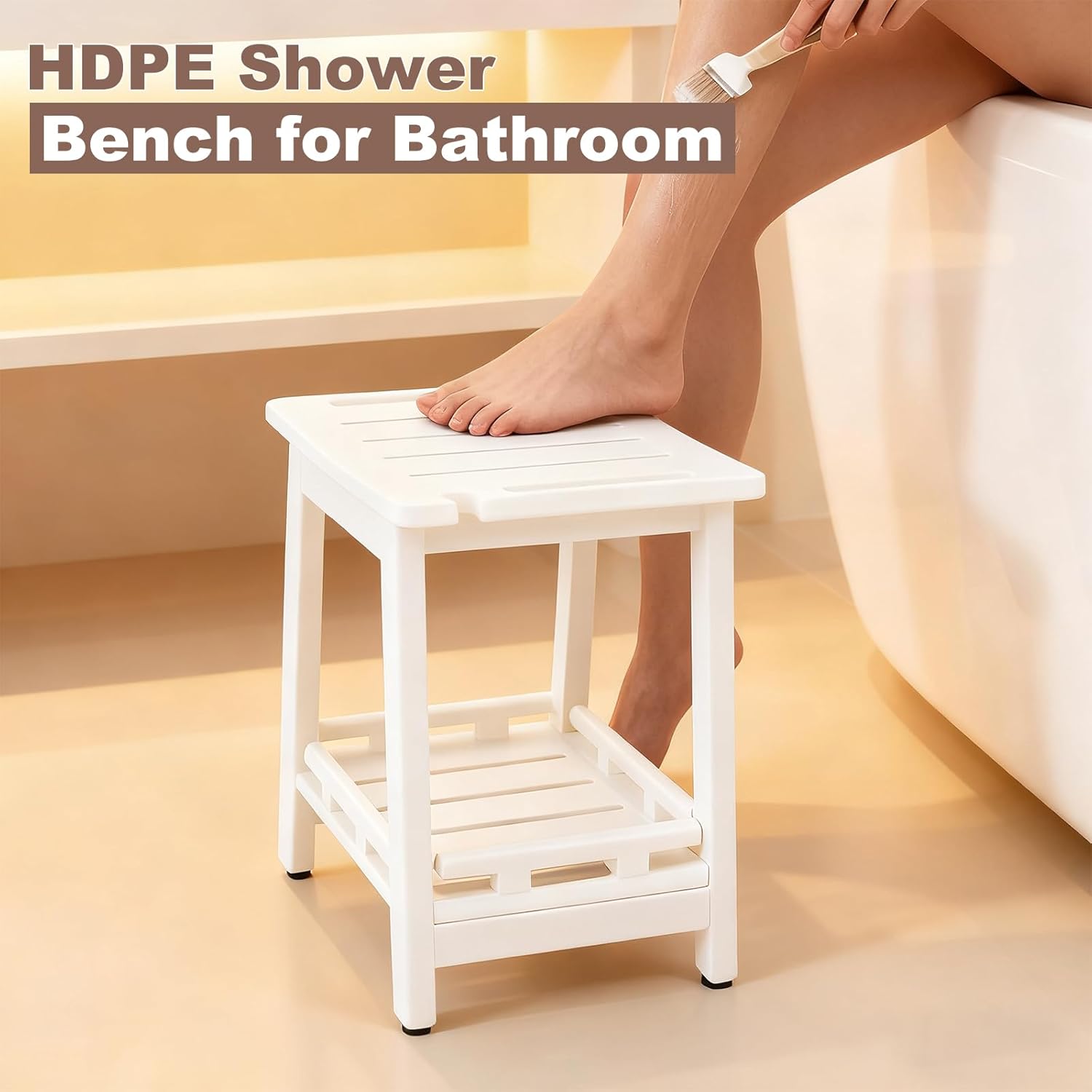 HDPE Shower Bench Seat for Shaving Legs, Waterproof Shower Stool with Storage Shelf for Bathroom,White