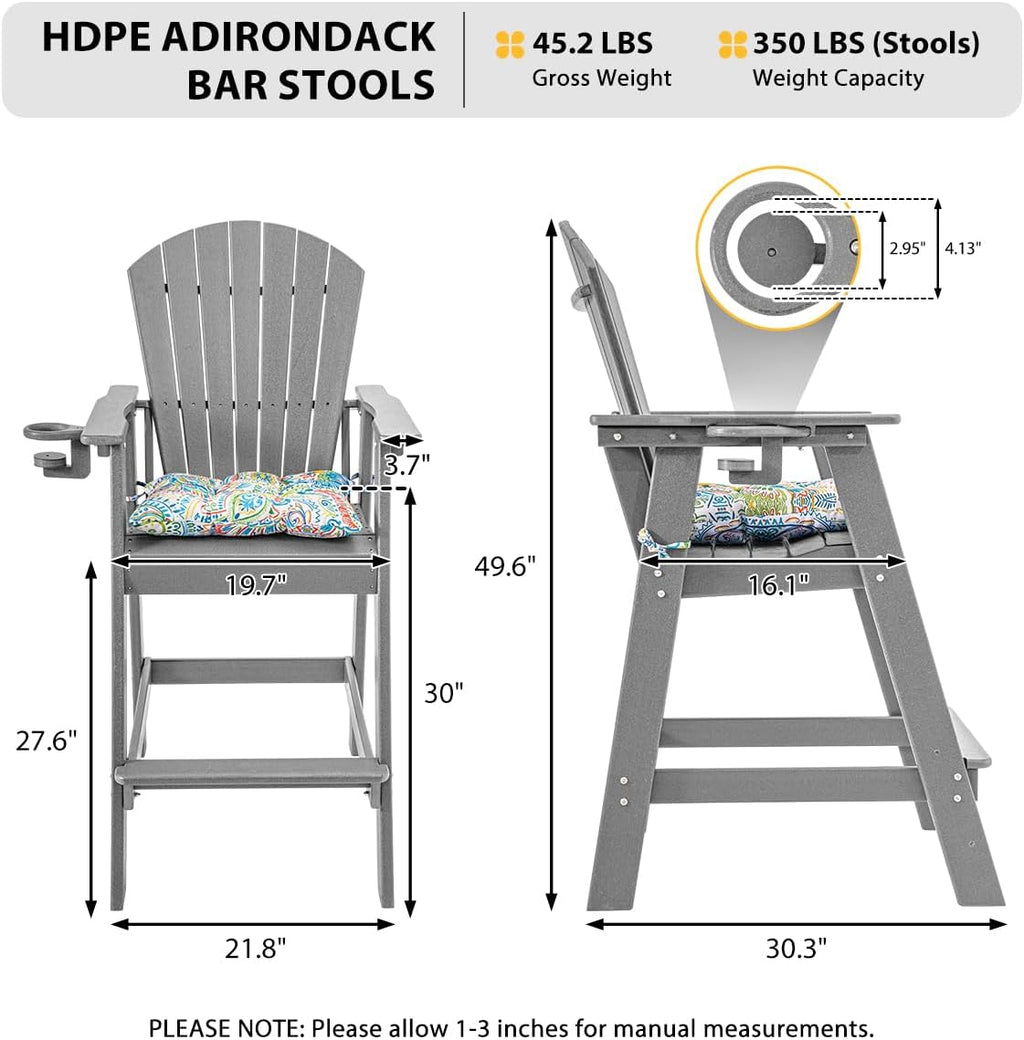 Sundale Outdoor Adirondack Bar Stool, Patio HDPE Bar Chair with Backrest, 30 Inch Seat Height Tall Bistro Dining Counter Stool with Cushion, All-Weather Pub Height Chair, Gray