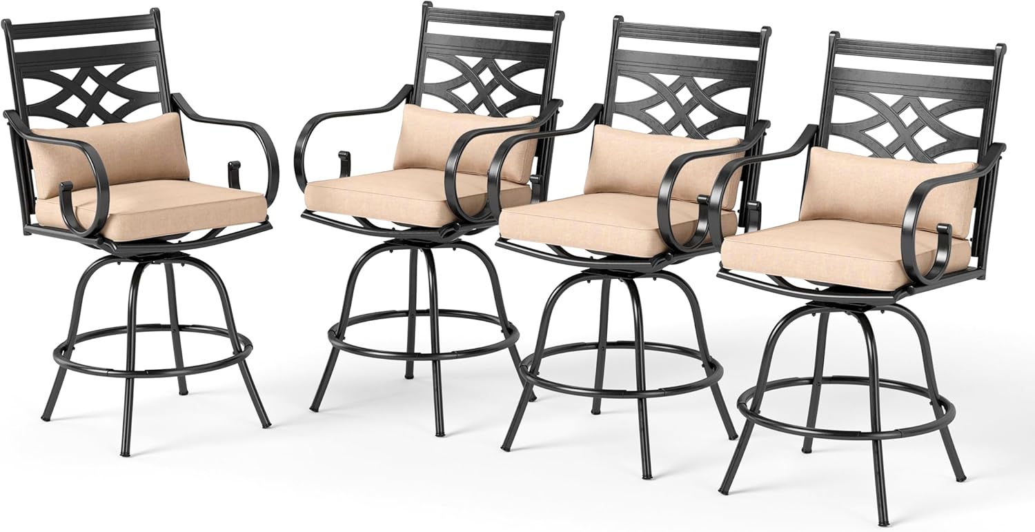 PHI VILLA Outdoor Swivel Bar Stools Set of 4，Patio Counter Height Bar Chairs with Back and Armrest，Metal,Black
