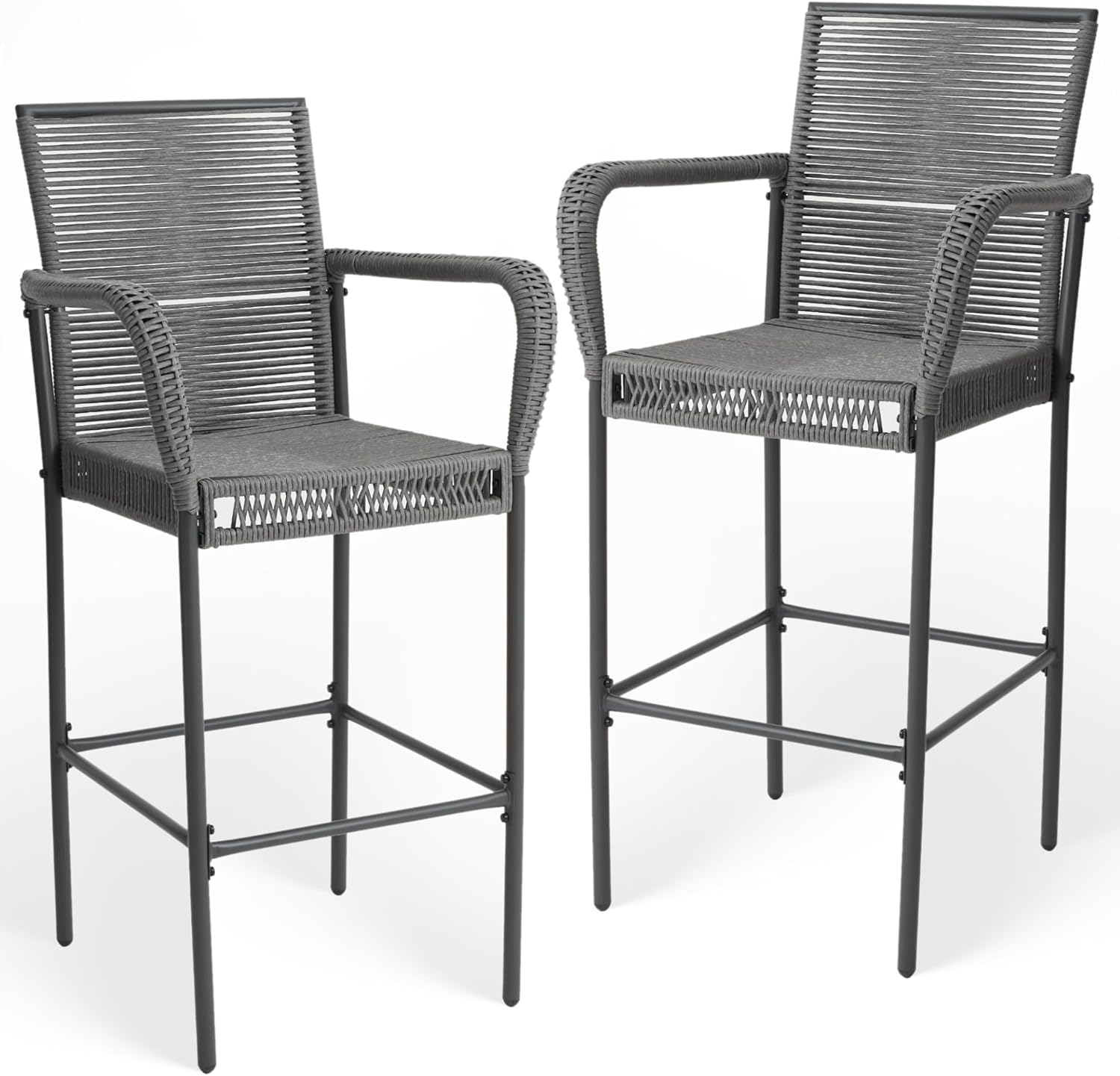 Outdoor Bar Stools Set of 2, Patio Bar Stools with Armrests, All Weather Wicker Rattan Bar Chairs with Backrest for Backyard, Garden, Pool, Balcony and Deck, Dark Grey