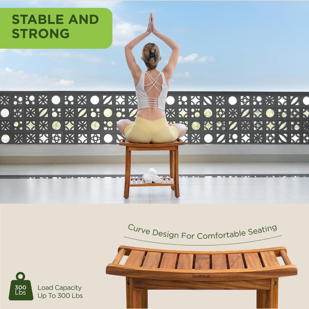 Premium 22" Teak Shower Bench with Handles, Waterproof Teak Shower Stool, Wooden Stool for Bathroom, Teak Wood Shower Seat Chair for Shower Storage Shelf, 300 Lbs Capacity