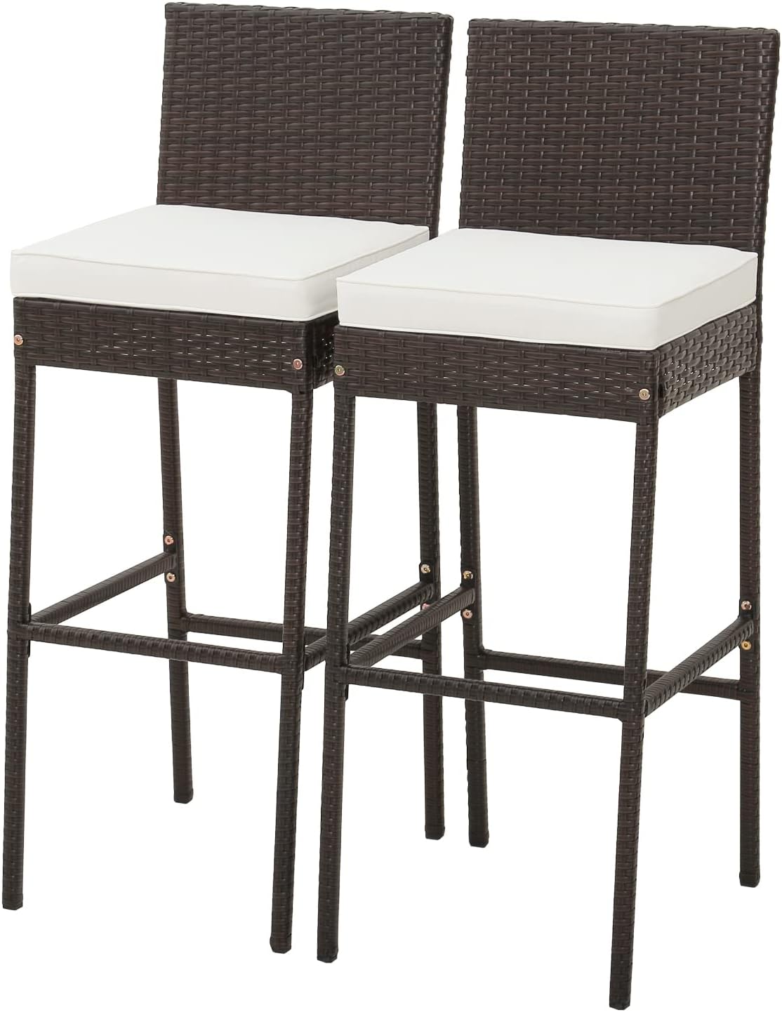 Tangkula Set of 2 Patio Wicker Barstools, Outdoor Bar Height Chair w/Soft Seat Cushion & Cozy Footrest, Heavy-Duty Metal Frame, 400 lbs Max Load, Mix Brown Rattan Bar Chair for Backyard, Balcony