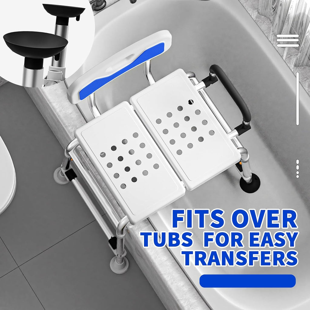 Heavy Duty Width Adjustable Bath Tub Transfer Shower Bench for Inside Tub Extended Shower Chair with Adjustable Height and Reversible Backrest Handicap Bath Seat for Elderly and Disabled