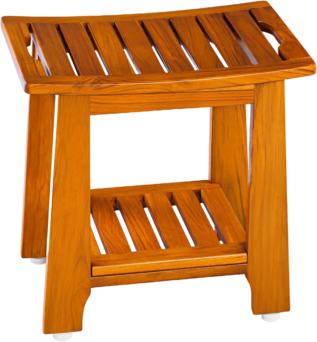 14" Compact Teak Shower Stool with Shelf & Handle - Waterproof, Non-Slip Bath Bench for Small Bathrooms/Outdoor Use, 300 lbs Capacity (Patented)