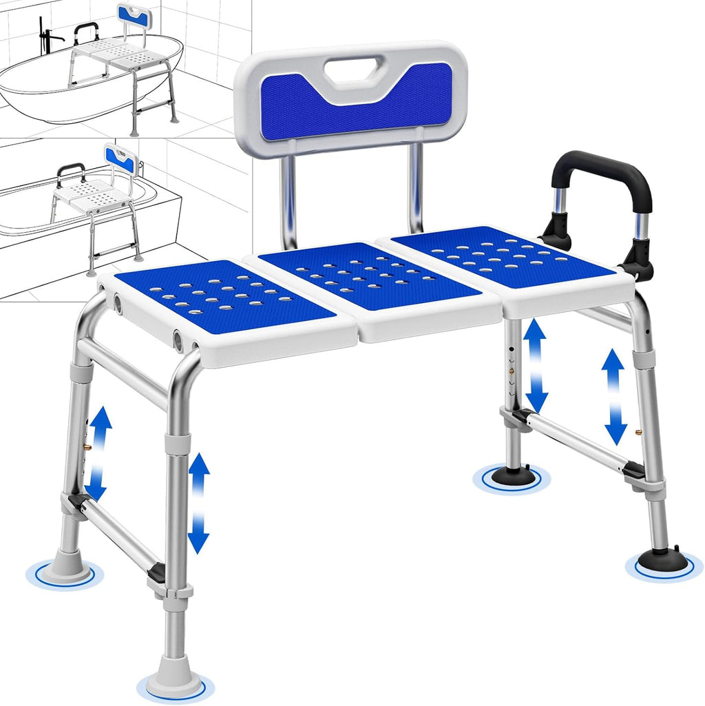 Heavy Duty Width Adjustable Bath Tub Transfer Shower Bench for Inside Tub Extended Shower Chair with Adjustable Height and Reversible Backrest Handicap Bath Seat for Elderly and Disabled