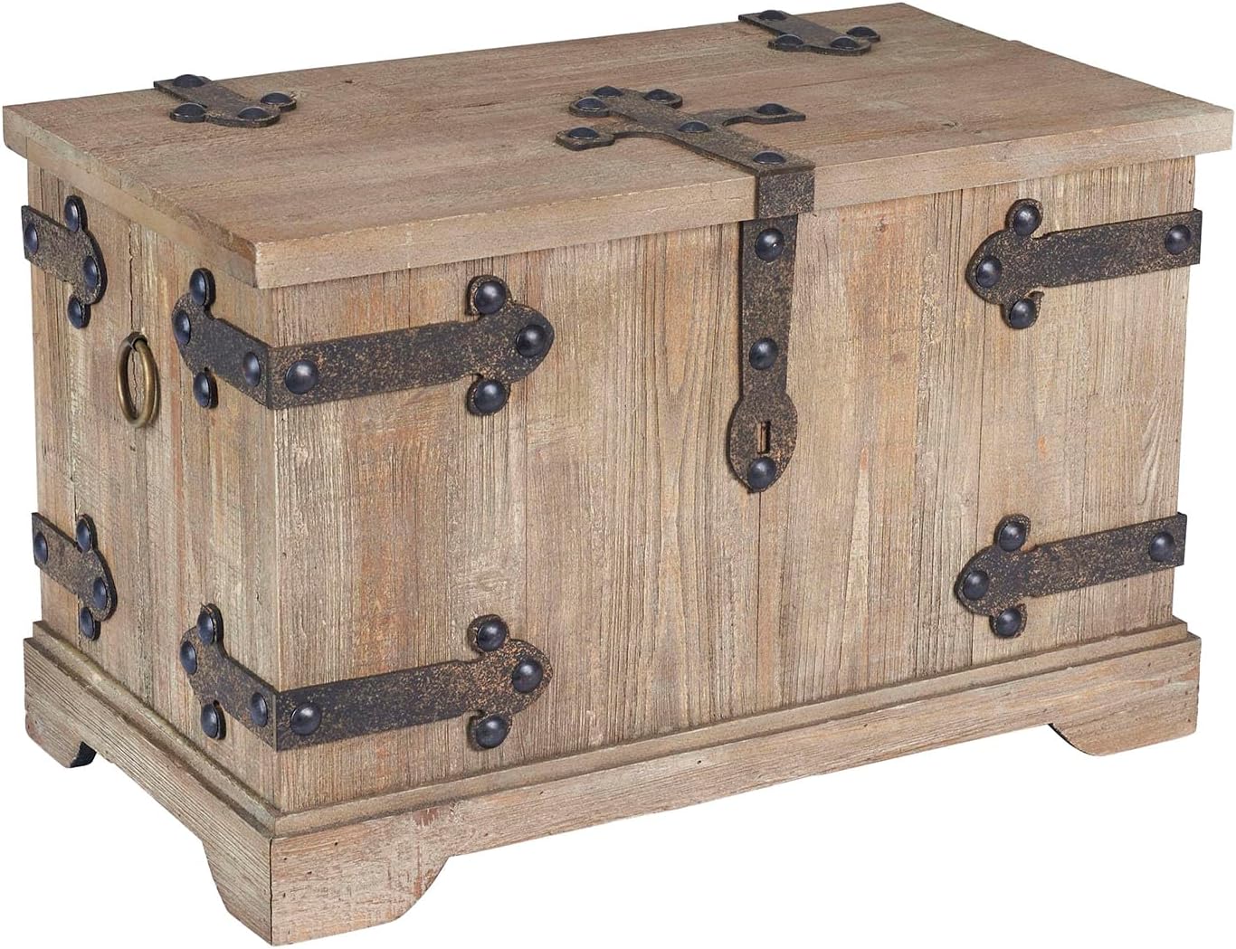 Household Essentials Antiqued Decorative Trunk, Large, Chinese Fir Panel and MDF, Smooth Backing and Metal Hinge Accent, Flat Top and Stay-Open Lid
