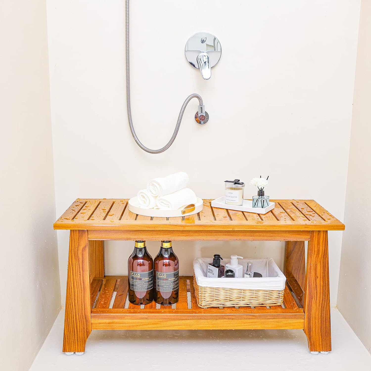 NNN 24" Commercial Teak Shower Bench - 8 Non-Slip Leveling Feet & 350 lbs Capacity | Rock-Solid Stability for Seniors & Spa Safety | Waterproof Design for Saunas/Outdoor Pools (Patented)