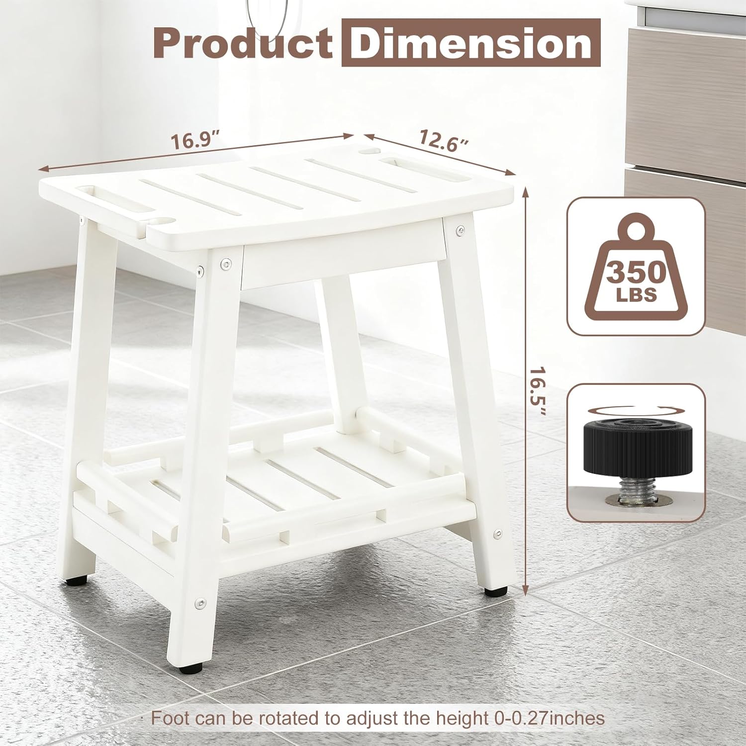 HDPE Shower Bench Seat for Shaving Legs, Waterproof Shower Stool with Storage Shelf for Bathroom,White