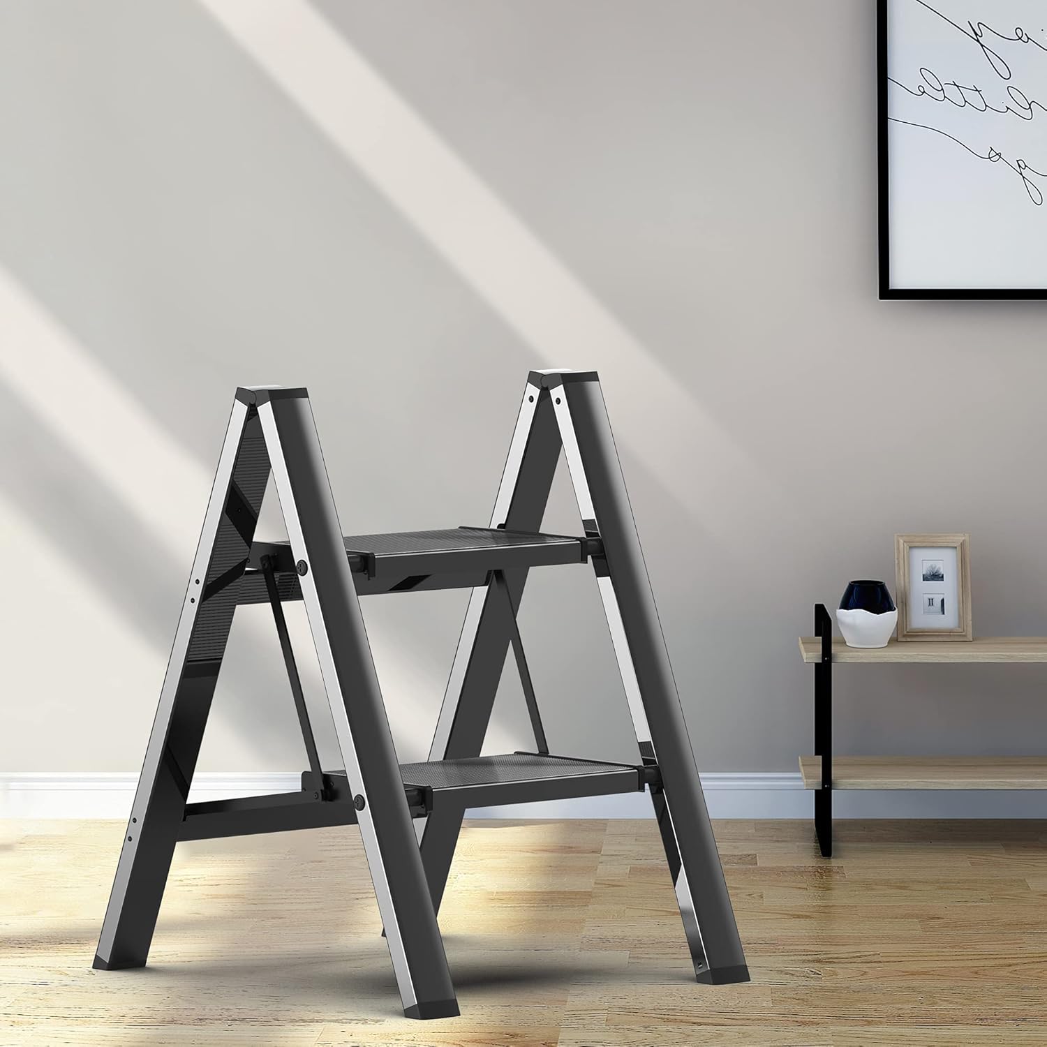 3 Step Ladder, Folding Step Stool with Anti-Slip Wide Sturdy Pedal, Multi-Use for Home and Kitchen Use, Space Saving-Woodgrain(300 lbs Capacity)