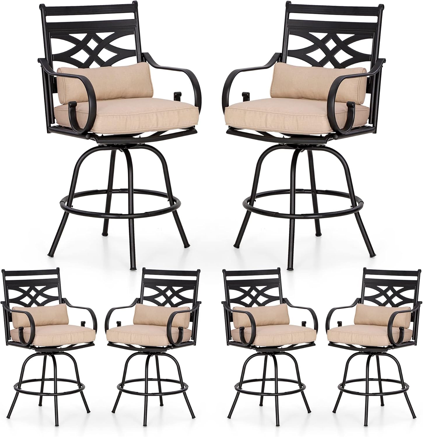 PHI VILLA Outdoor Swivel Bar Stools Set of 4，Patio Counter Height Bar Chairs with Back and Armrest，Metal,Black