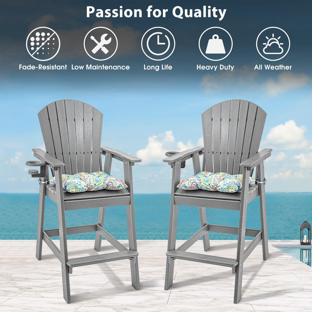 Sundale Outdoor Adirondack Bar Stool, Patio HDPE Bar Chair with Backrest, 30 Inch Seat Height Tall Bistro Dining Counter Stool with Cushion, All-Weather Pub Height Chair, Gray