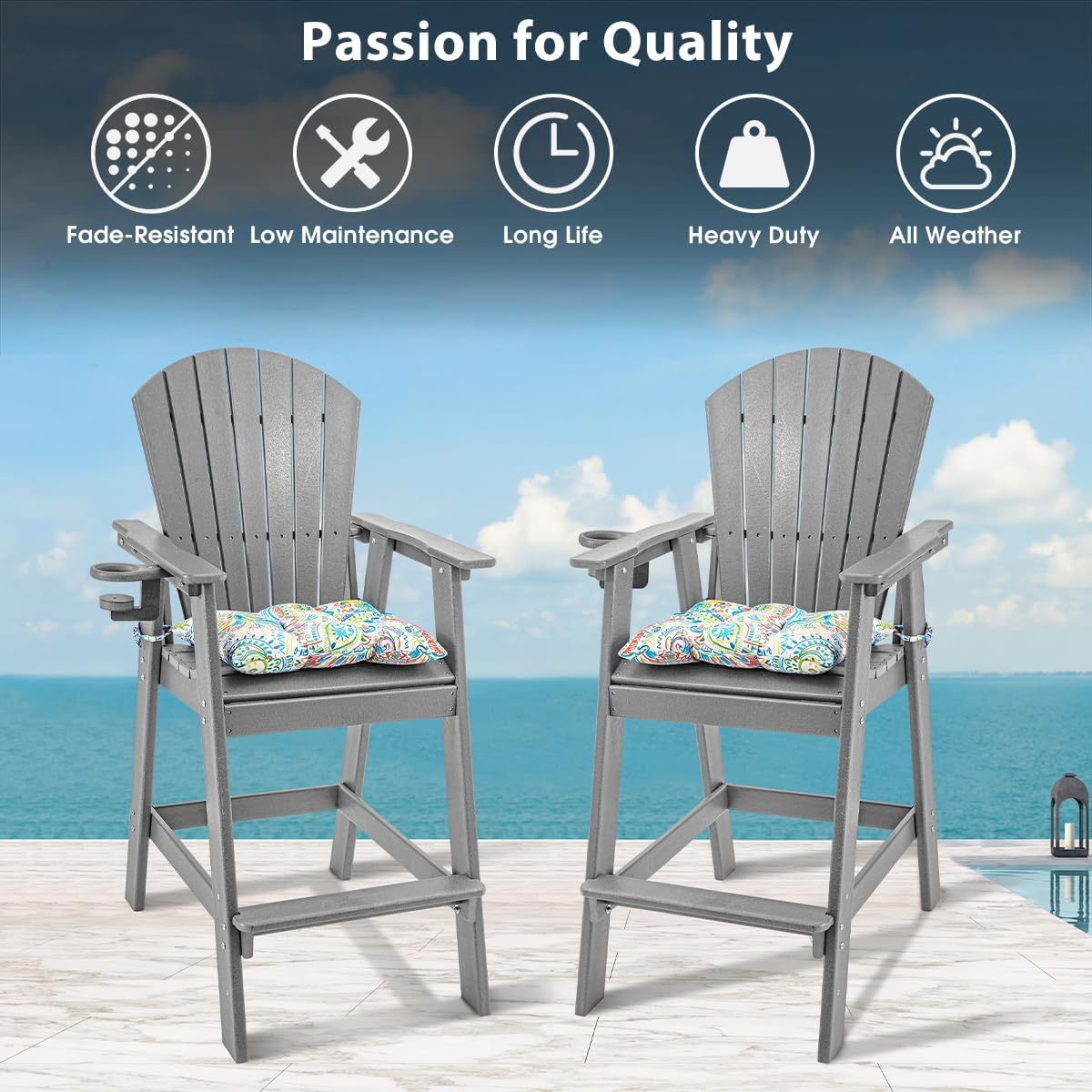 Sundale Outdoor Adirondack Bar Stool, Patio HDPE Bar Chair with Backrest, 30 Inch Seat Height Tall Bistro Dining Counter Stool with Cushion, All-Weather Pub Height Chair, Gray