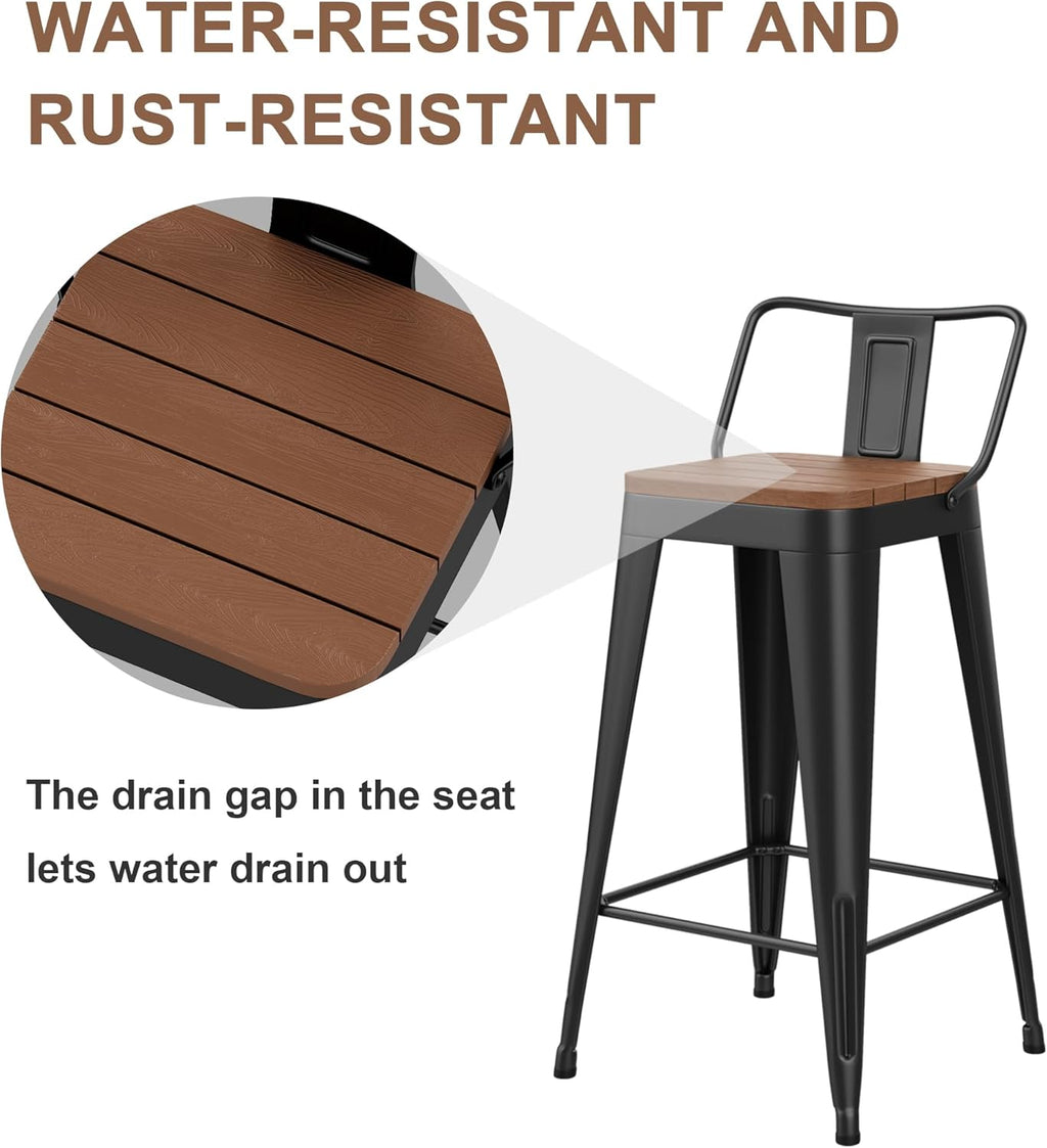 HAOBO Home 24" Outdoor Barstools Patio Stool Metal Bar Stools Set of 4 Counter Height Barstools with Wood Plastic Seat Industrial Bar Chairs Metal Kitchen Stools