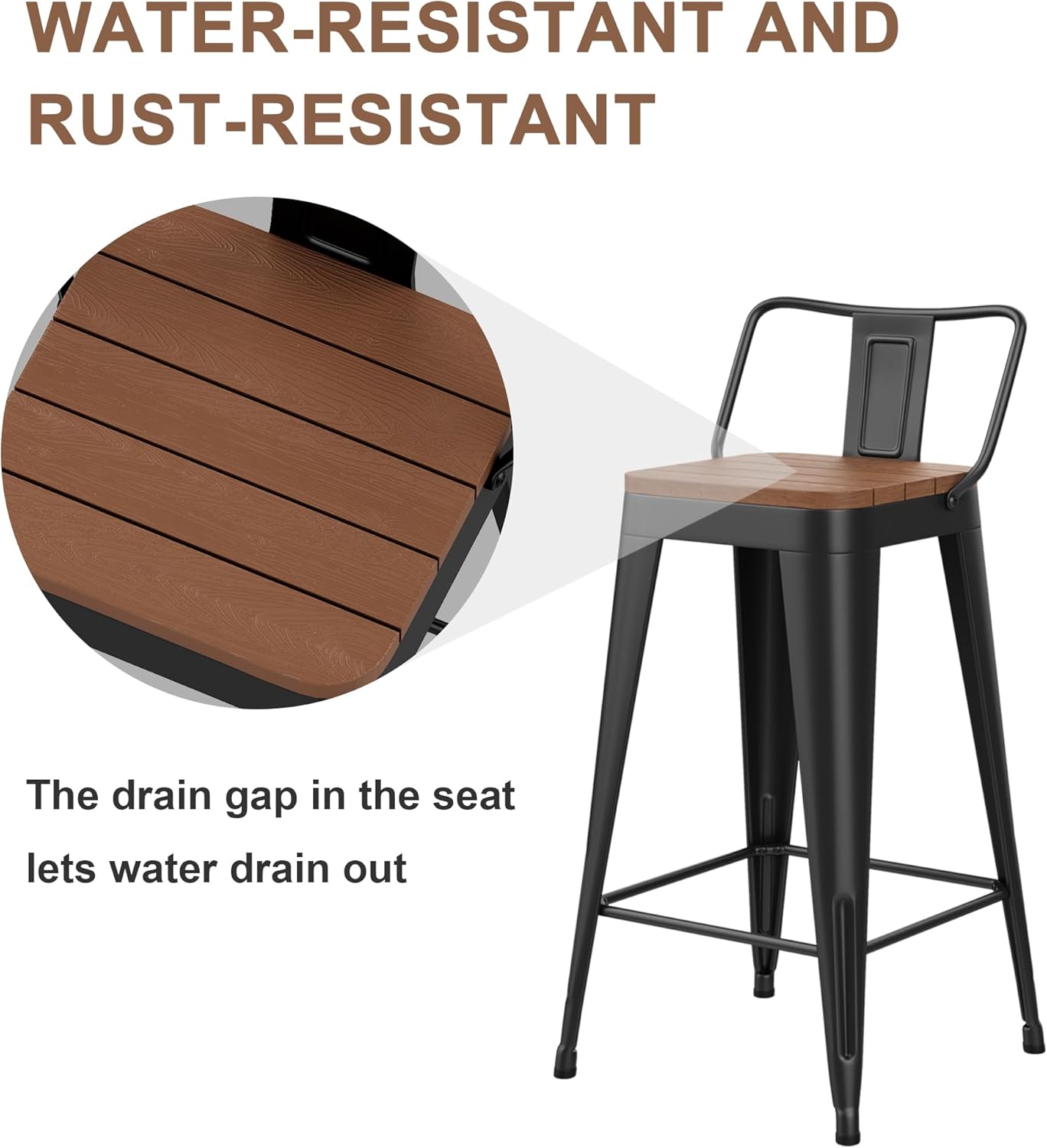 HAOBO Home 24" Outdoor Barstools Patio Stool Metal Bar Stools Set of 4 Counter Height Barstools with Wood Plastic Seat Industrial Bar Chairs Metal Kitchen Stools