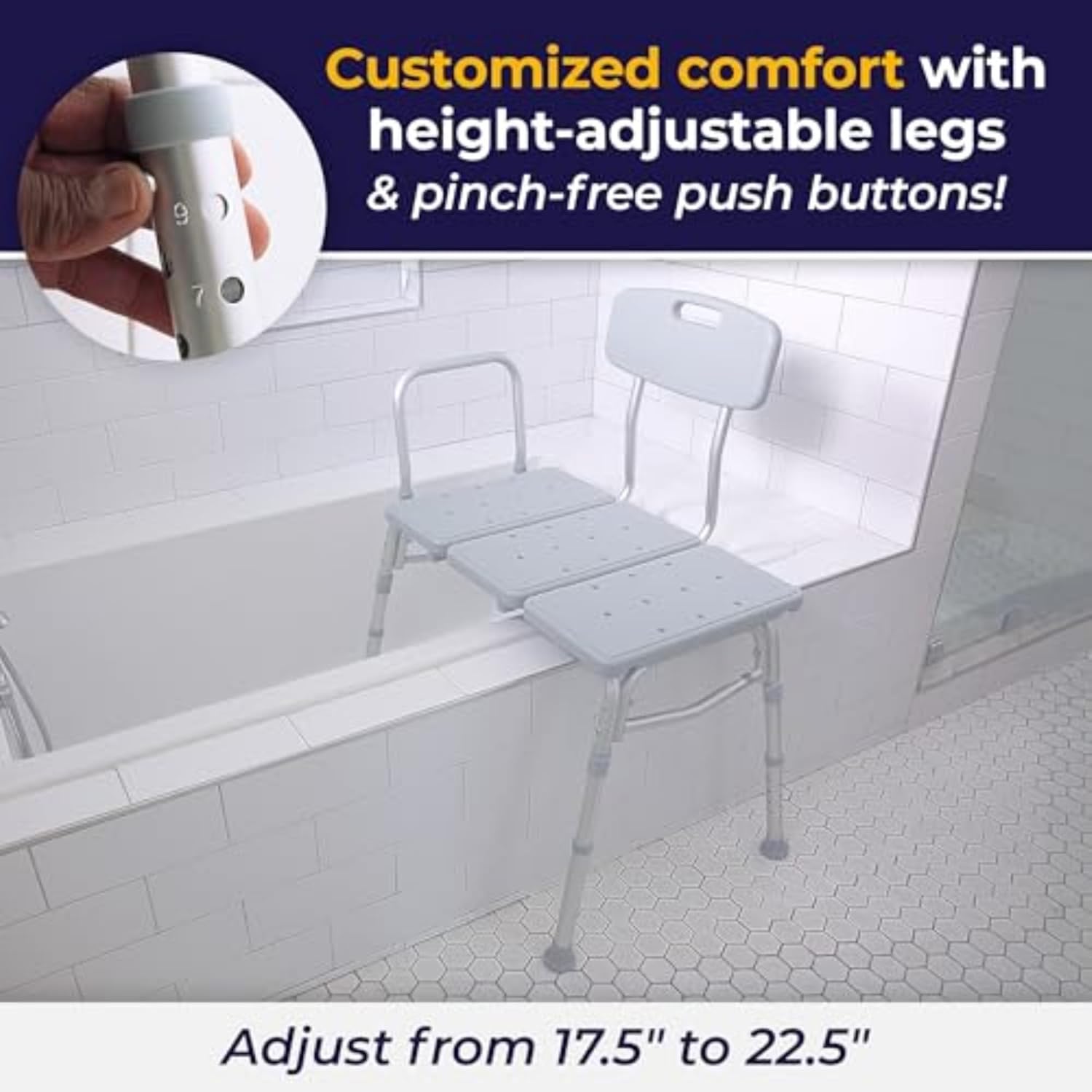 Drive Medical 12011KD-1 Tub Transfer Bench For Bathtub, Height Adjustable Shower Bench with Backrest, Shower Shower Chair Bath Seat for Elderly, Seniors, Arm Support for Transfer, 400 Weight Cap