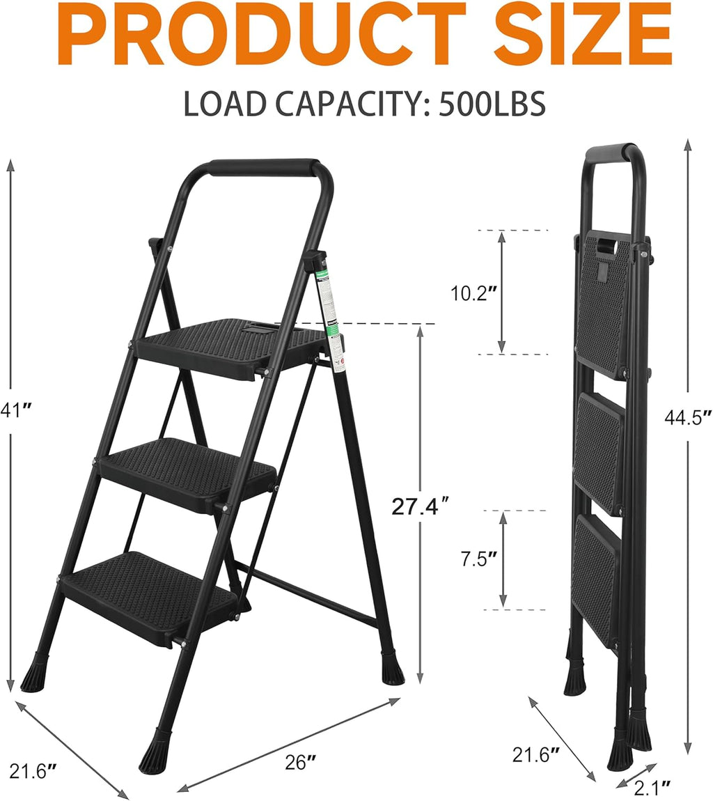 3 Step Ladder, Protable Steel Folding Stool with Wide Anti-Slip Pedal, 500lbs Sturdy Steel Ladder, Black
