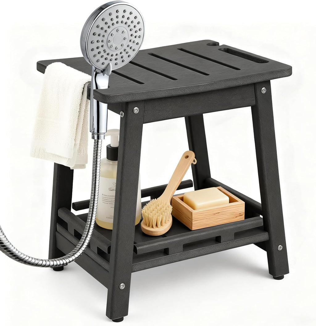 HDPE Shower Bench Seat for Shaving Legs, Waterproof Shower Stool with Storage Shelf for Bathroom,White