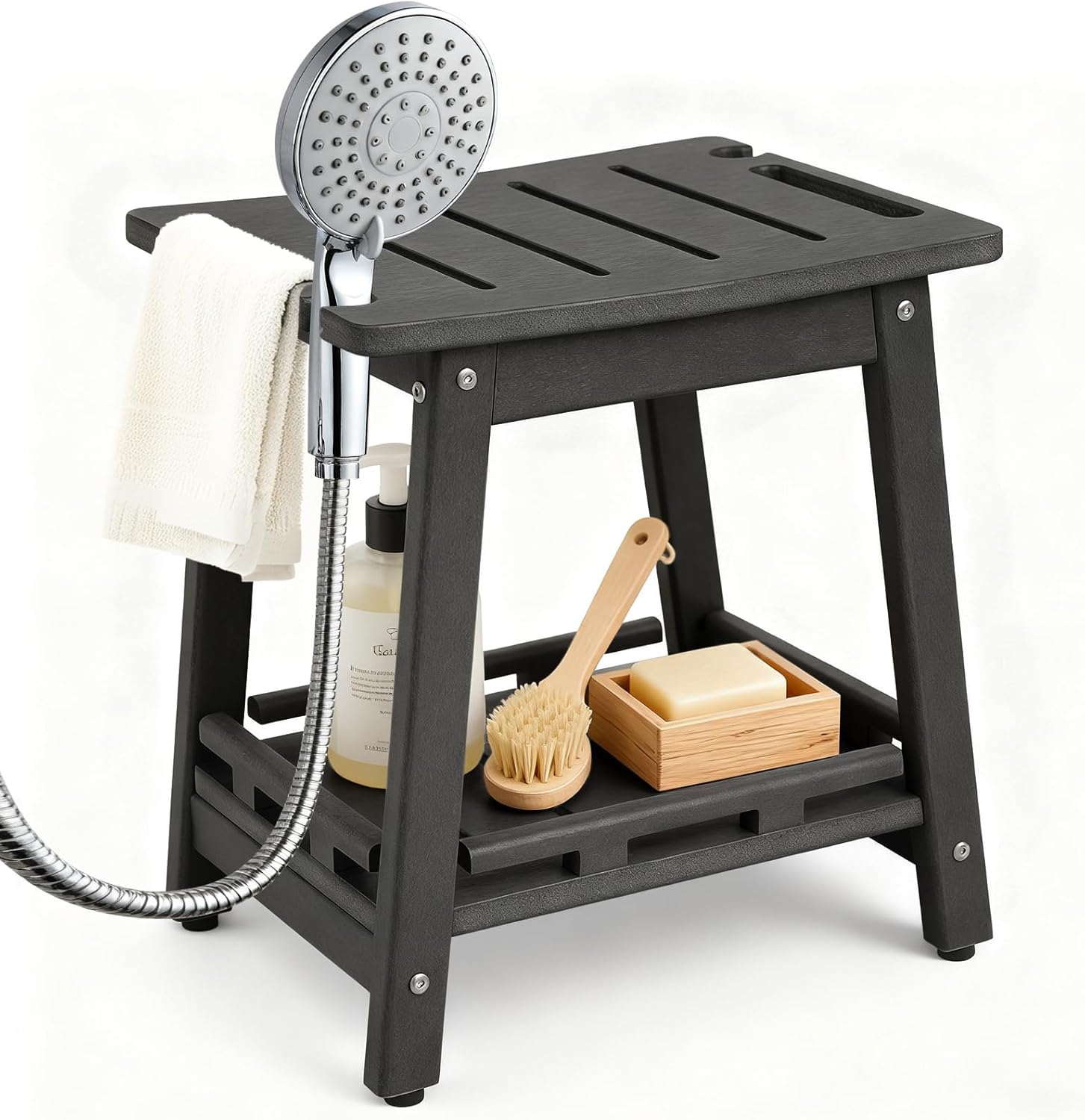 HDPE Shower Bench Seat for Shaving Legs, Waterproof Shower Stool with Storage Shelf for Bathroom,White