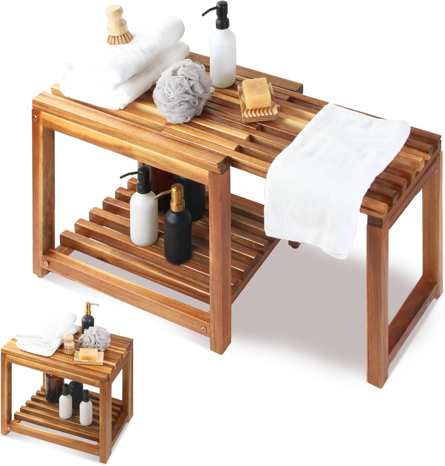 Adjustable Length 29 Inches Shower Stool Bench Chair Waterproof with Storage Shelf for Shaving Legs, Spa, Bath Seat in Bathroom, Inside Shower for Adults Seniors Elderly (Small 29 in)