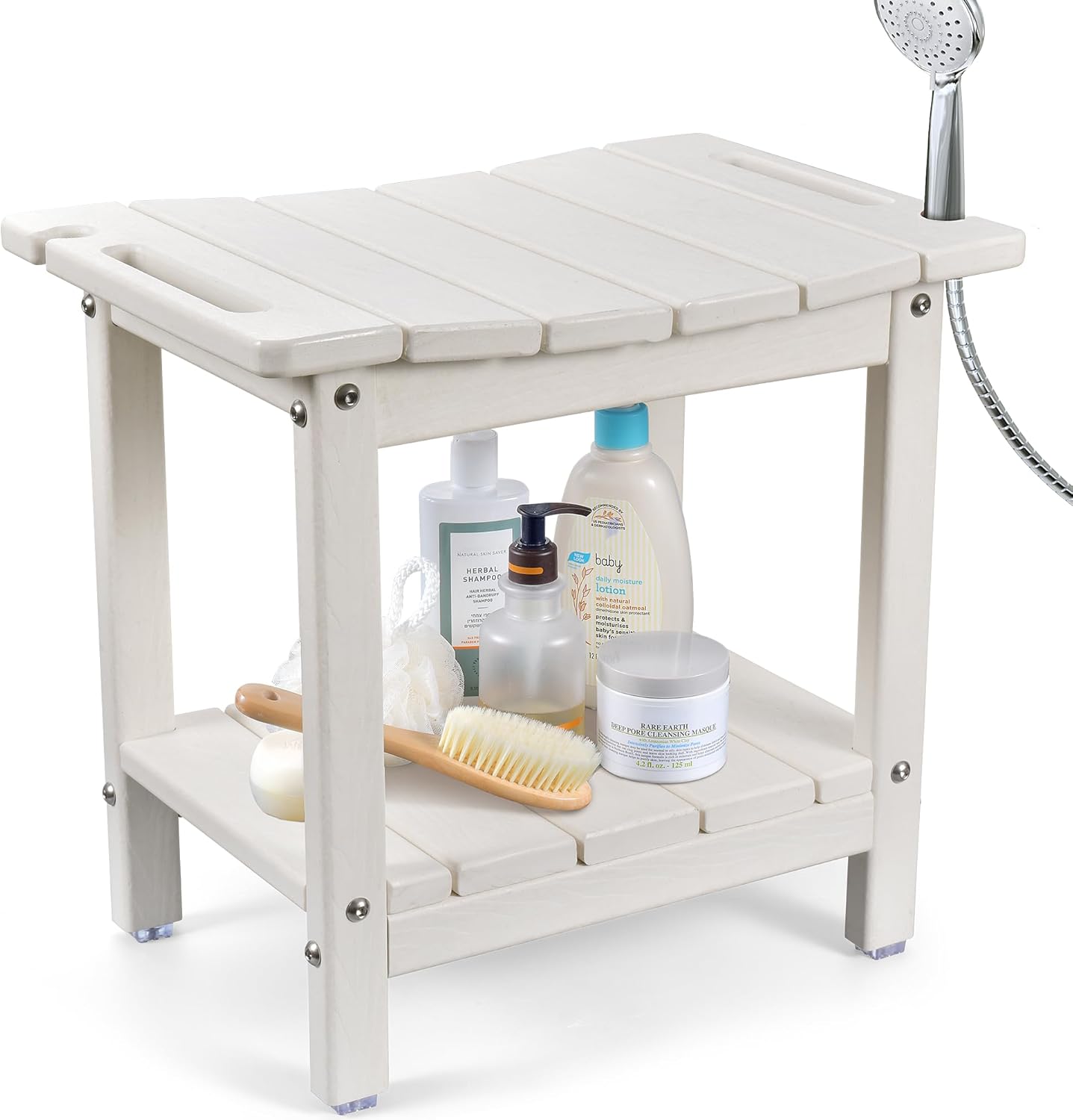 LyriFine Shower Bench - HDPE Waterproof Shower Bench for Inside Shower, 18.7" Shower Stool with Shower Head Holder, 350lbs Shower Seat with Storage Shelf, Shower Chair for Bathroom Indoor Outdoor Use