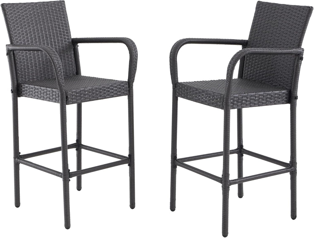 Outdoor Bar Stools Set of 2, Patio Bar Stools with Armrests, All Weather Wicker Rattan Bar Chairs with Backrest for Backyard, Garden, Pool, Balcony and Deck, Dark Grey