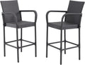 Outdoor Bar Stools Set of 2, Patio Bar Stools with Armrests, All Weather Wicker Rattan Bar Chairs with Backrest for Backyard, Garden, Pool, Balcony and Deck, Dark Grey