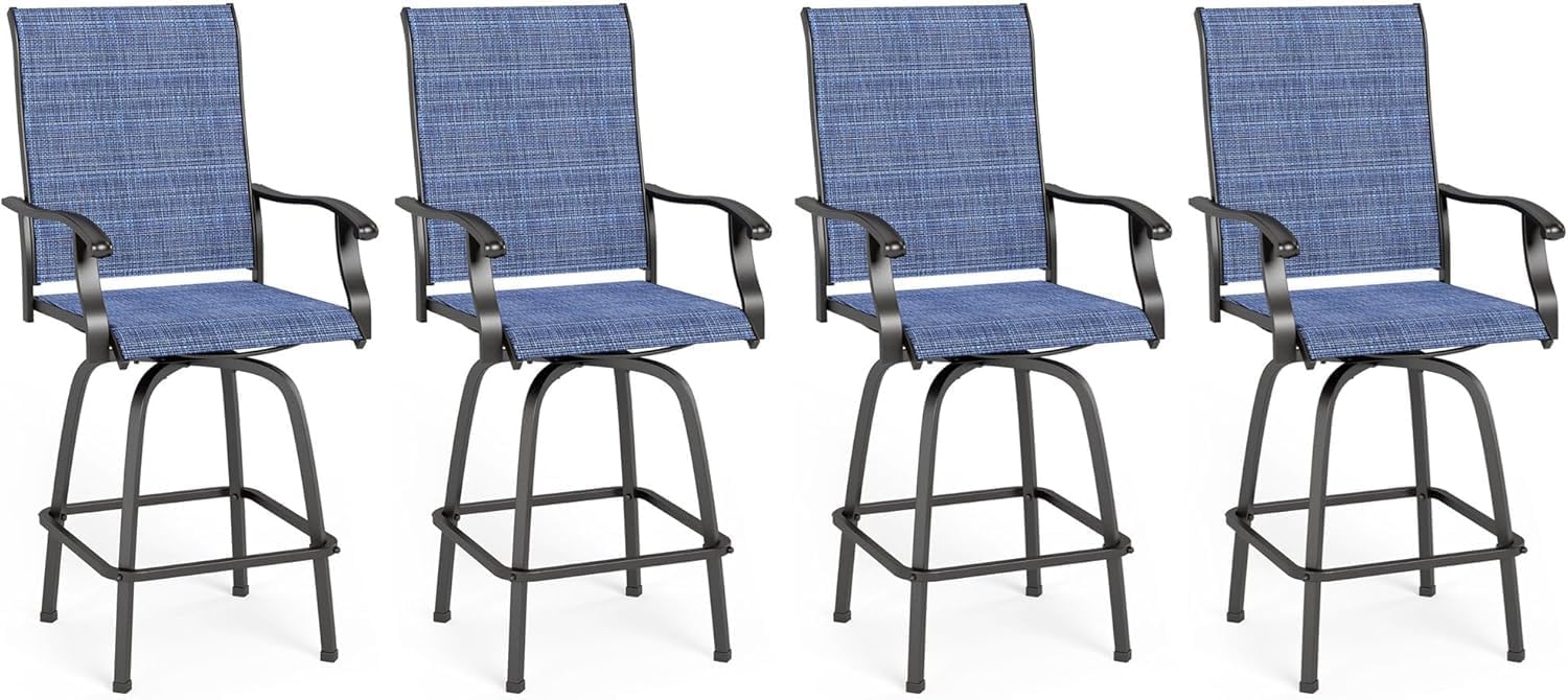 MFSTUDIO Outdoor Bar Stools Set of 4, Swivel Bar Height Patio Chairs Outdoor Barstools High Top Patio Swivel Bar Chairs, Breathable Textilene, Navy Blue