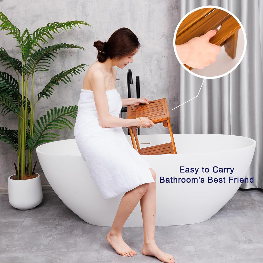 14" Compact Teak Shower Stool with Shelf & Handle - Waterproof, Non-Slip Bath Bench for Small Bathrooms/Outdoor Use, 300 lbs Capacity (Patented)