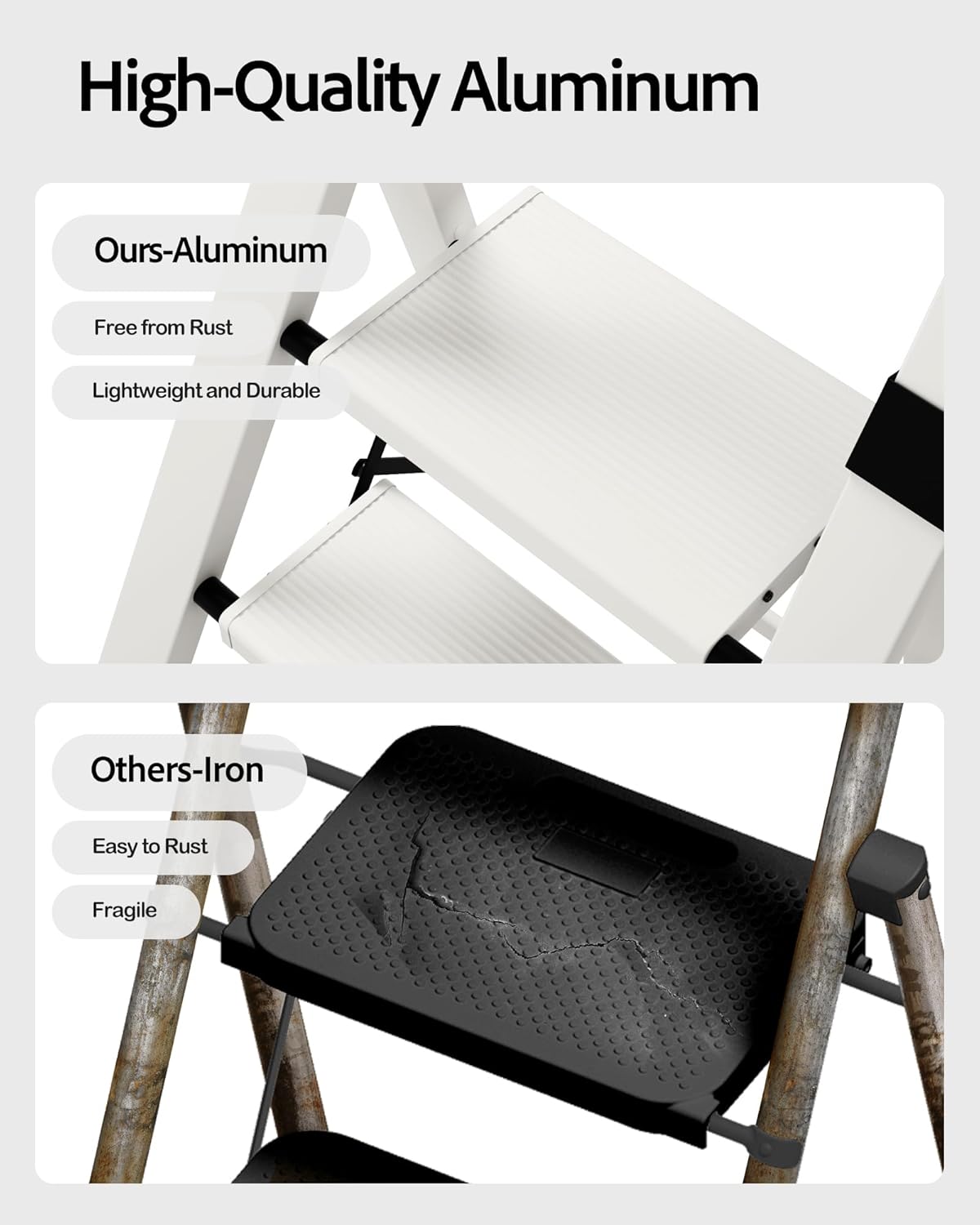 Taranta 3 Step Ladder, Lightweight Aluminum Step Stool with Convenient Handgrip, Folding Ladder with Anti-Slip Pedals, 330lbs Capacity Stepladder for Home, Office, Kitchen - White