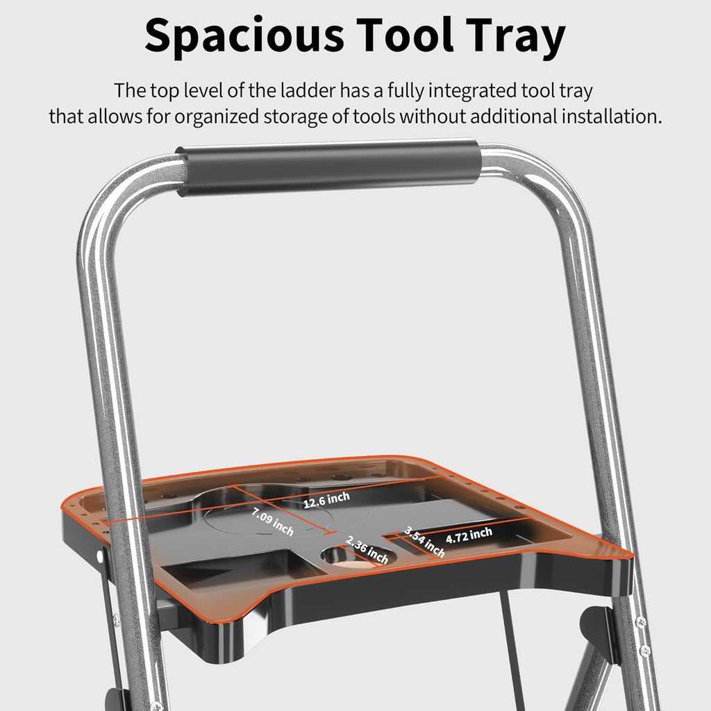 3 Step Ladder, Folding Step Stool with Tool Platform, Wide Anti-Slip Pedal and Anti-Slip Feet, Sturdiest Steel Construction, 600lbs Capacity Steel Ladder for Home Office, Grey