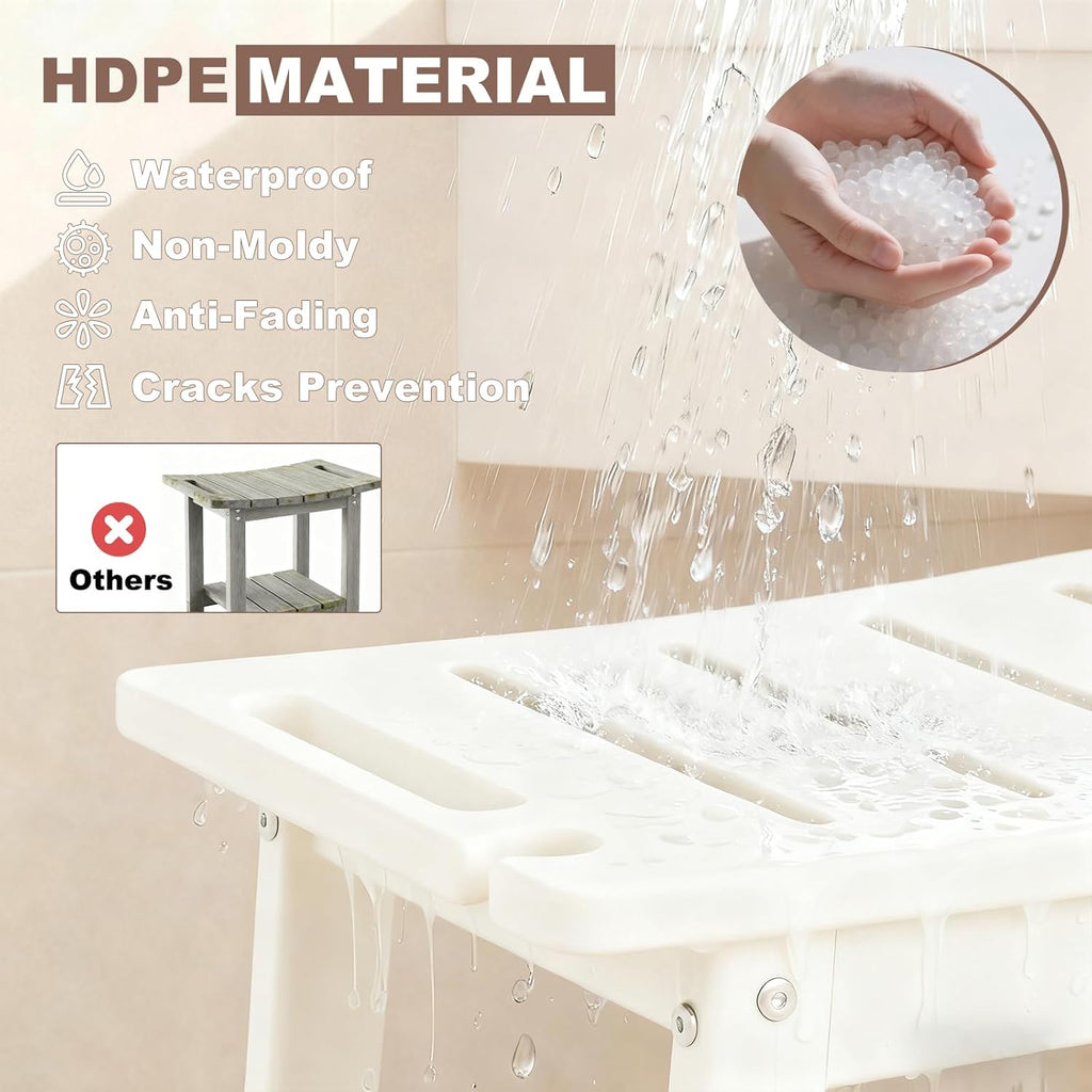 HDPE Shower Bench Seat for Shaving Legs, Waterproof Shower Stool with Storage Shelf for Bathroom,White
