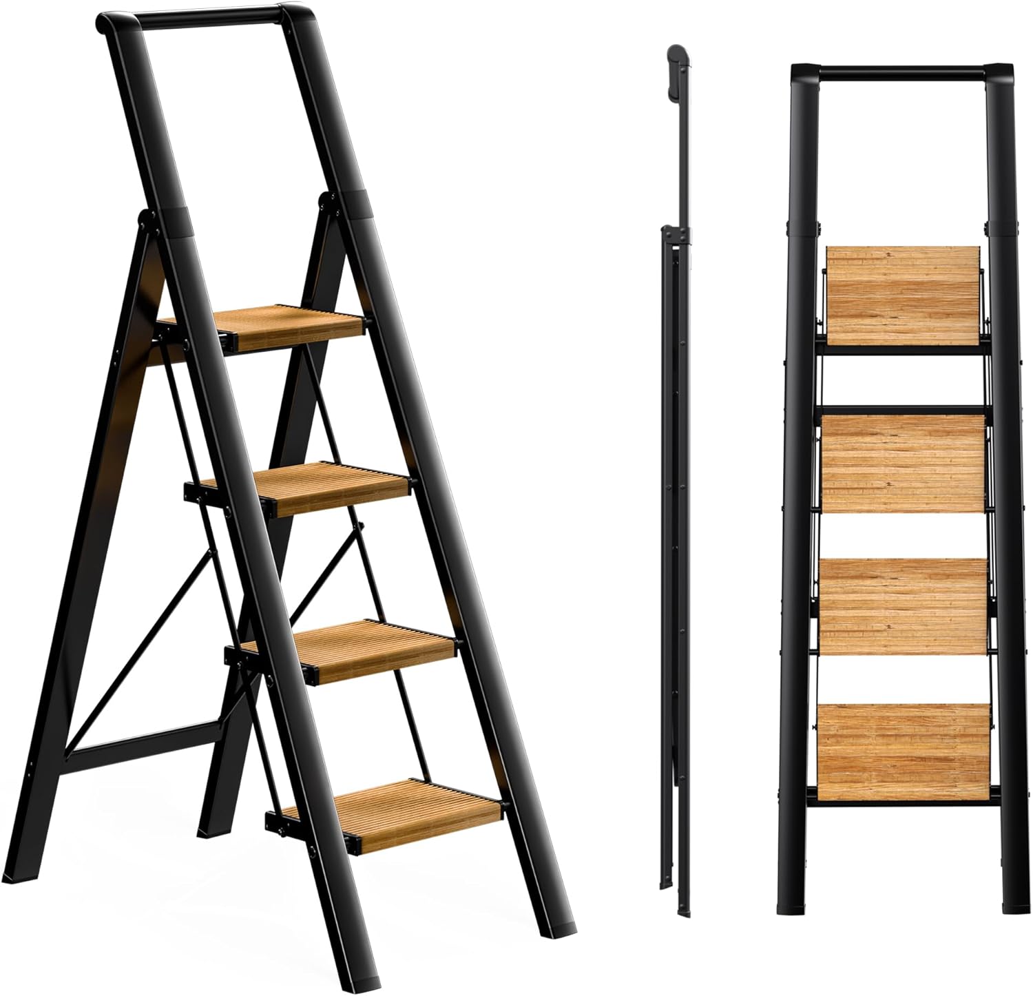 3 Step Ladder, Folding Step Stool with Anti-Slip Wide Sturdy Pedal, Multi-Use for Home and Kitchen Use, Space Saving-Woodgrain(300 lbs Capacity)