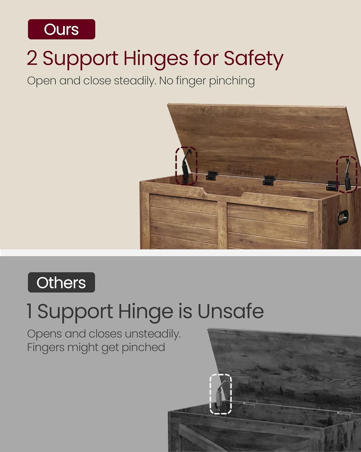 VASAGLE Storage Chest, Storage Bench with 2 Safety Hinges, Farmhouse Style, 15.7 x 39.4 x 18.1 Inches, for Entryway, Bedroom, Living Room, Honey Brown ULSB061K01