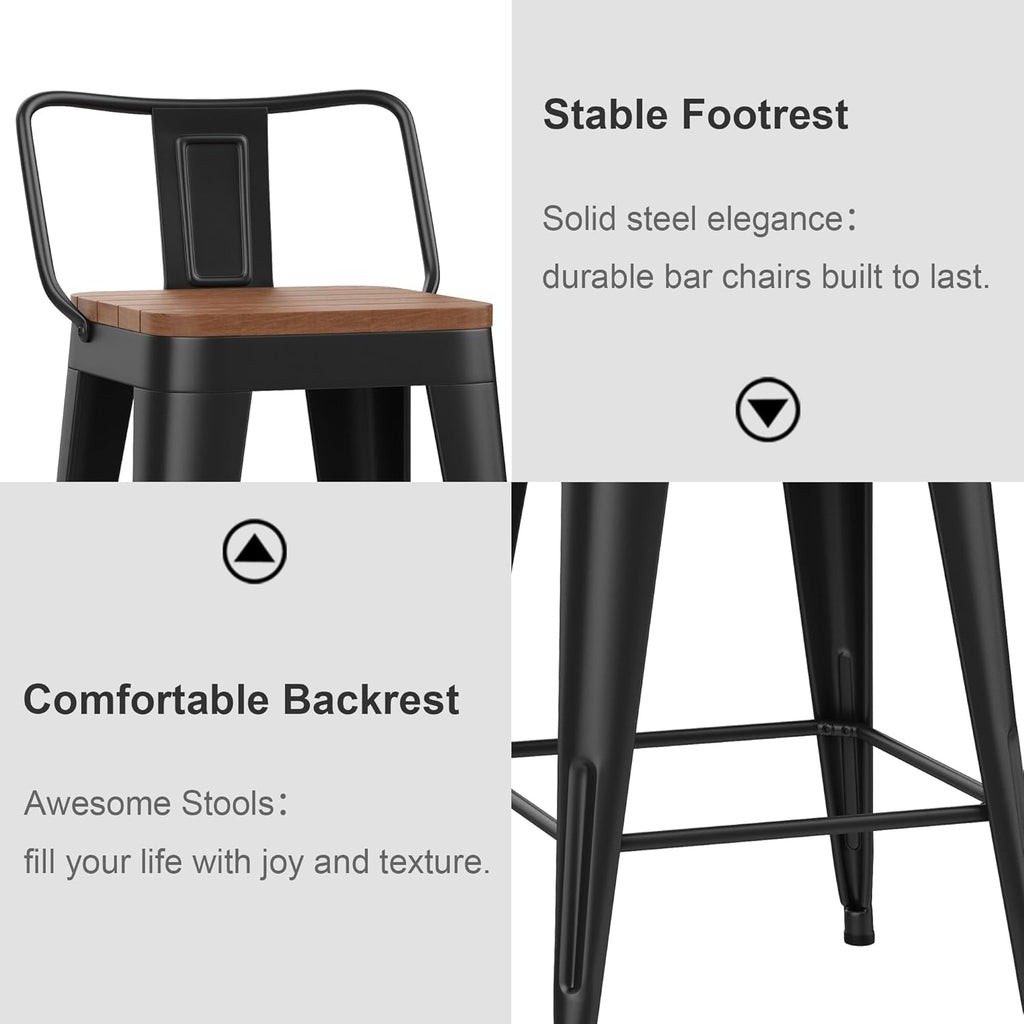 HAOBO Home 24" Outdoor Barstools Patio Stool Metal Bar Stools Set of 4 Counter Height Barstools with Wood Plastic Seat Industrial Bar Chairs Metal Kitchen Stools